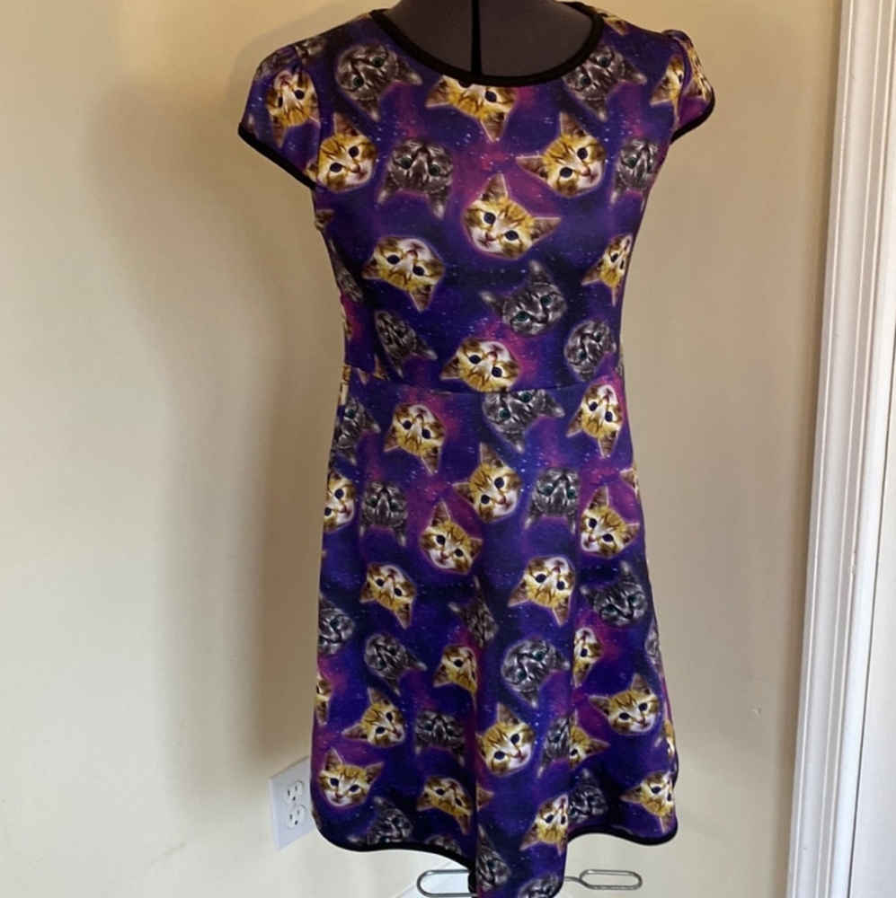 Love Rocks Galaxy Outer Space Cats Faces Quirky Retro Swing Dress
